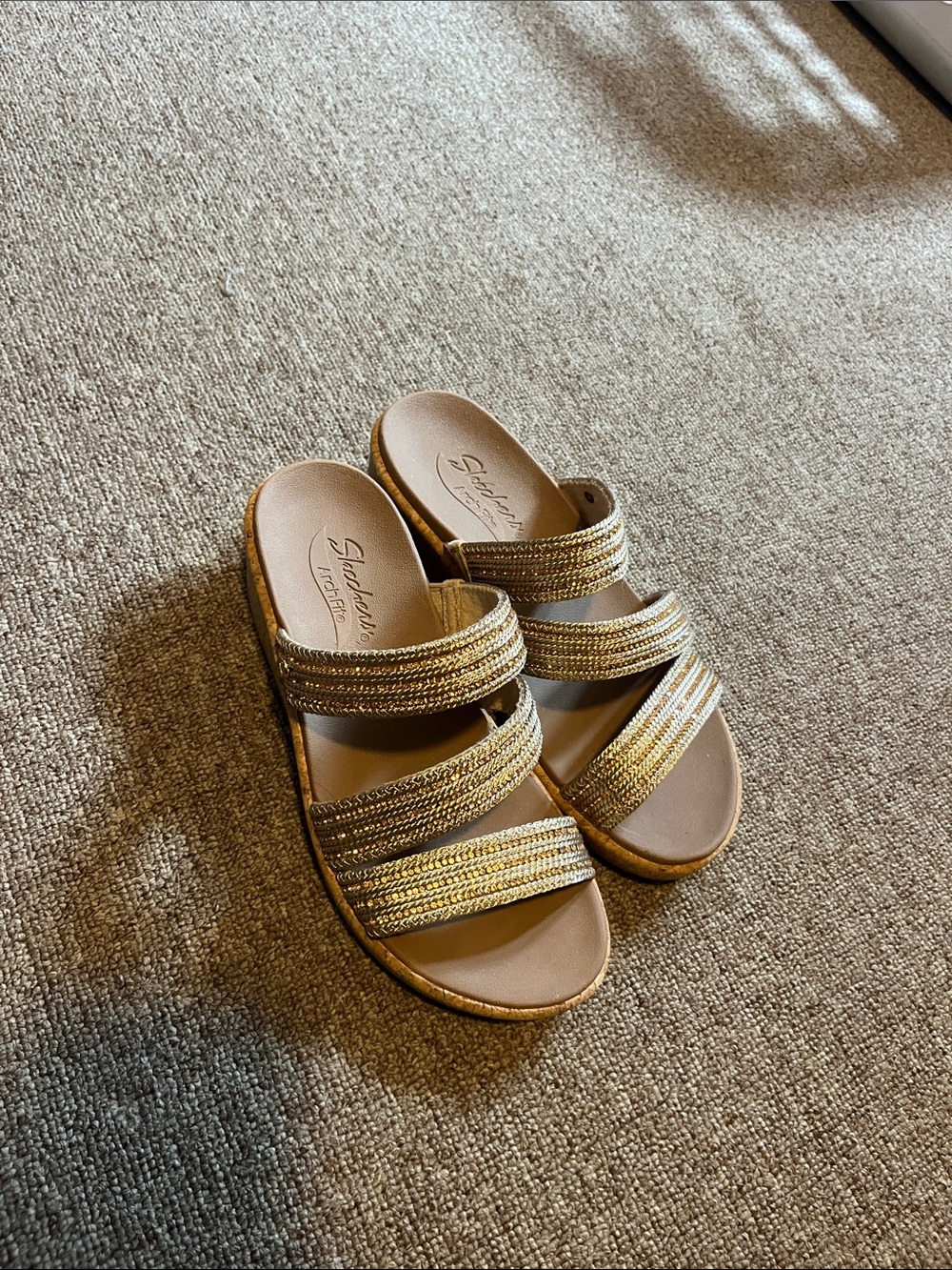 Skechers Women's Metallic Gold Triple-Strap Slide Sandals